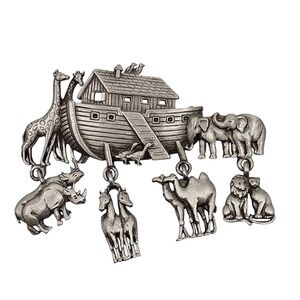 Vintage JJ Jonette Jewelry Pewter Noah's Ark Animal Charms Brooch